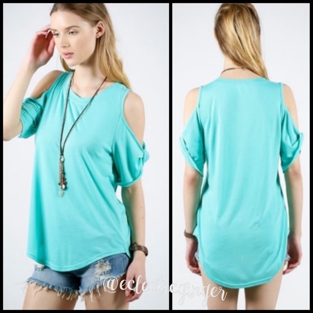 Turquoise blue twisted cold shoulder sleeve relaxed top S M L